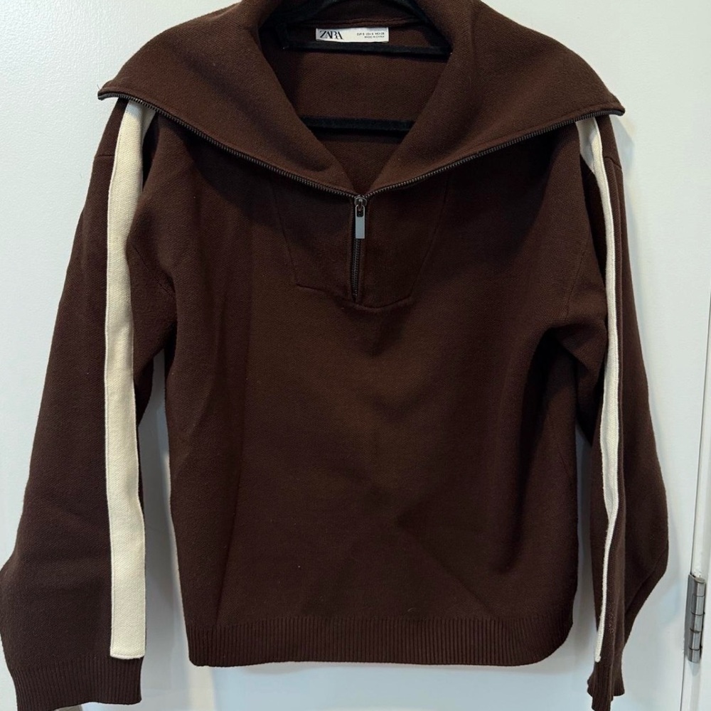 Zara Dark Brown Zip-Up Sweater with Cream Stripes